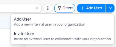 Add User dropdown showing Add User and Invite User options with descriptions