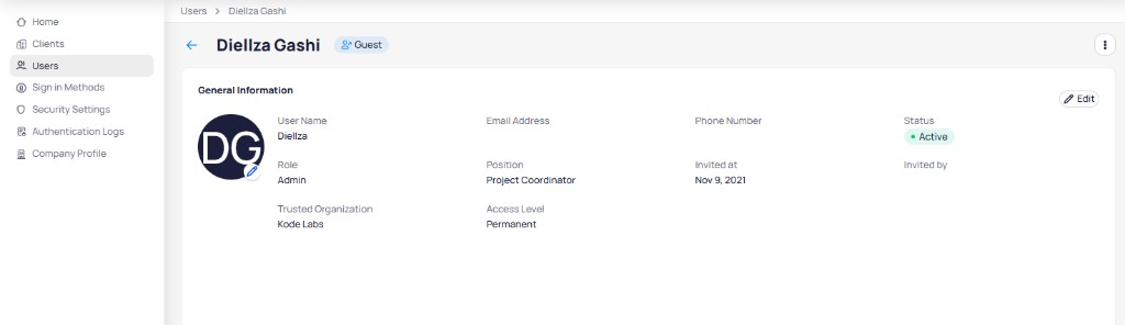 User detail page showing general information with user name, email, phone number, status, role, position, invited date, trusted organization, and access level