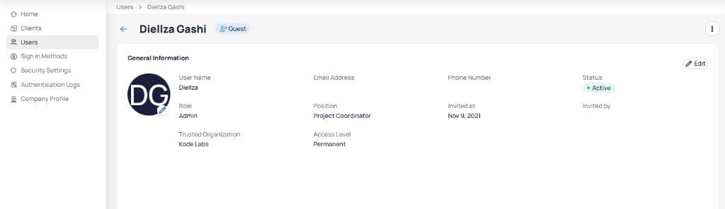 User detail page showing general information with user name, email, phone number, status, role, position, invited date, trusted organization, and access level