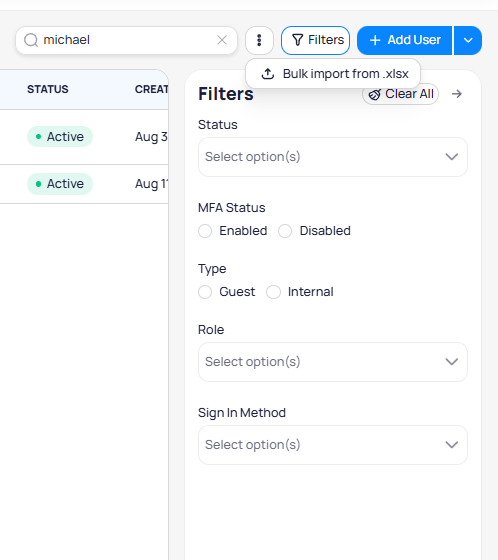 Filters panel with dropdowns for status, MFA status, type, role, and sign-in method, alongside the bulk import option