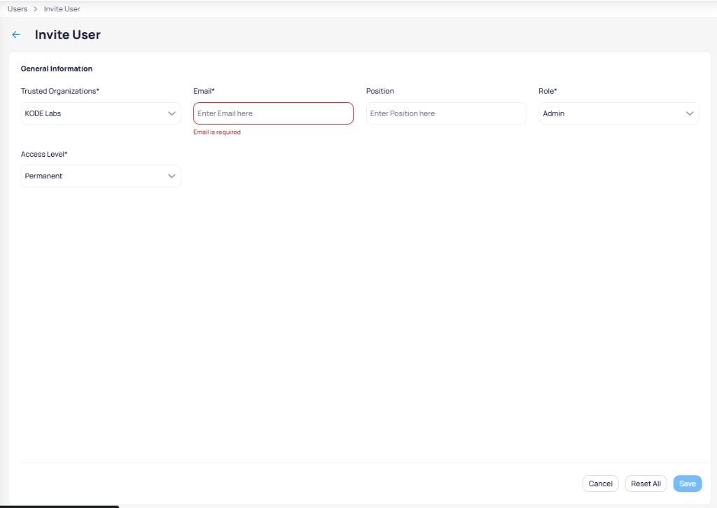 Invite User form with fields for trusted organizations, email, position, role, and access level
