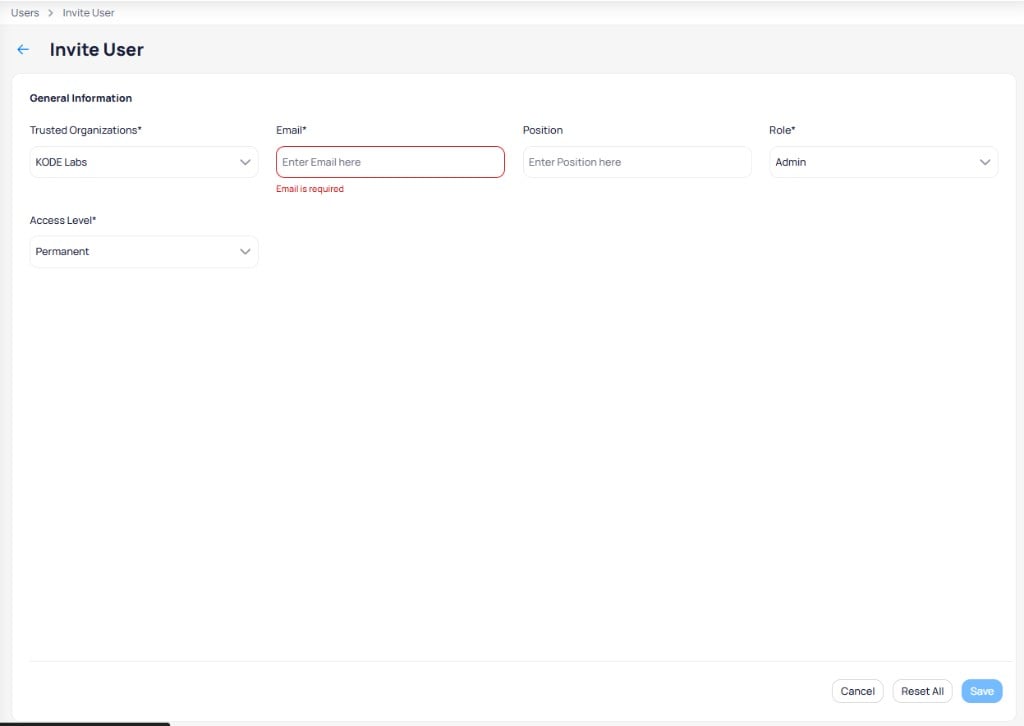 Invite User form with fields for trusted organizations, email, position, role, and access level