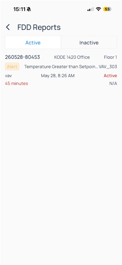 FDD Reports active tab with Temperature Greater than Setpoint alert on Floor 1