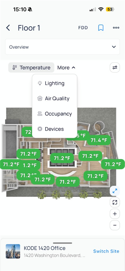 Floor 1 More menu with Lighting, Air Quality, Occupancy, and Devices layers