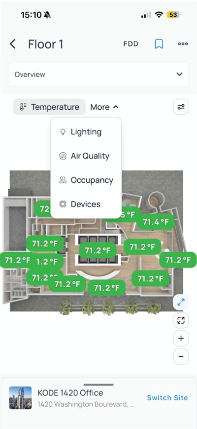 Floor 1 More menu with Lighting, Air Quality, Occupancy, and Devices layers