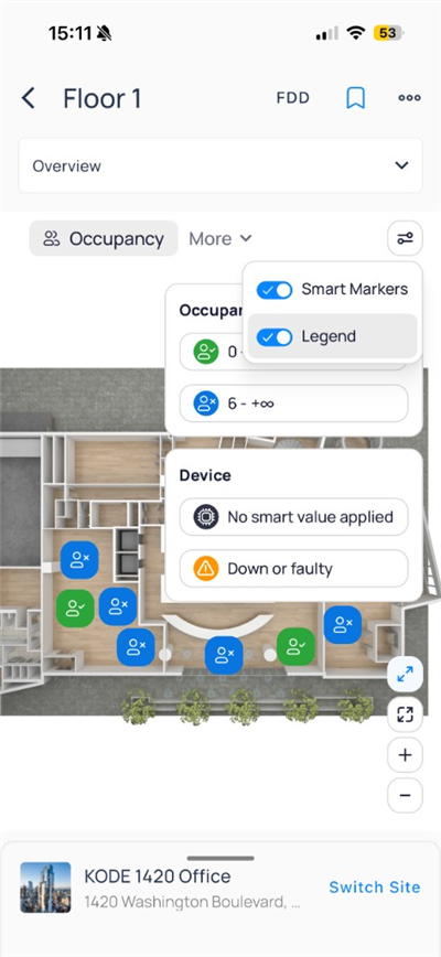 Floor 1 with Smart Markers and Legend toggles and occupancy legend panel