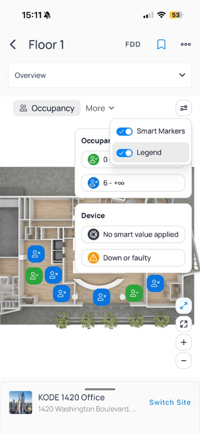Floor 1 with Smart Markers and Legend toggles and occupancy legend panel