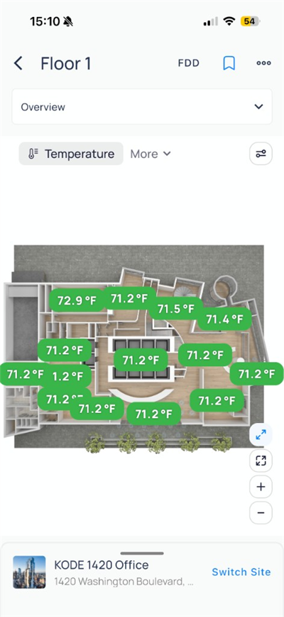 Floor 1 overview map with green occupied and blue unoccupied markers