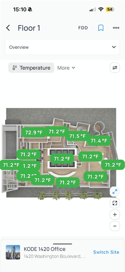 Floor 1 overview map with green occupied and blue unoccupied markers