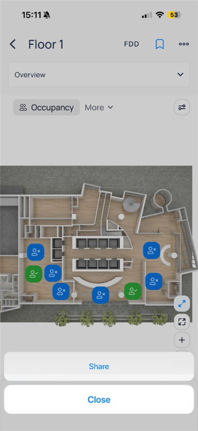 Floor 1 more menu with Share and Close