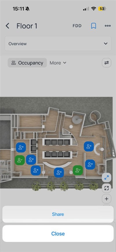 Floor 1 more menu with Share and Close