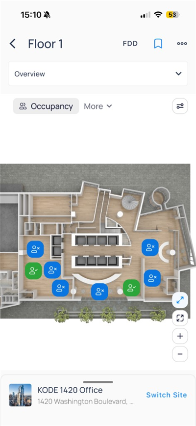 Floor 1 map with temperature pills such as 71.2 F on zones