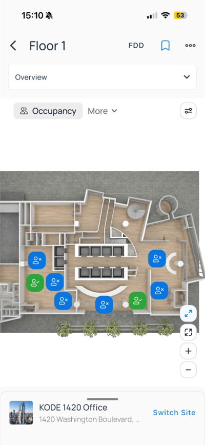 Floor 1 map with temperature pills such as 71.2 F on zones
