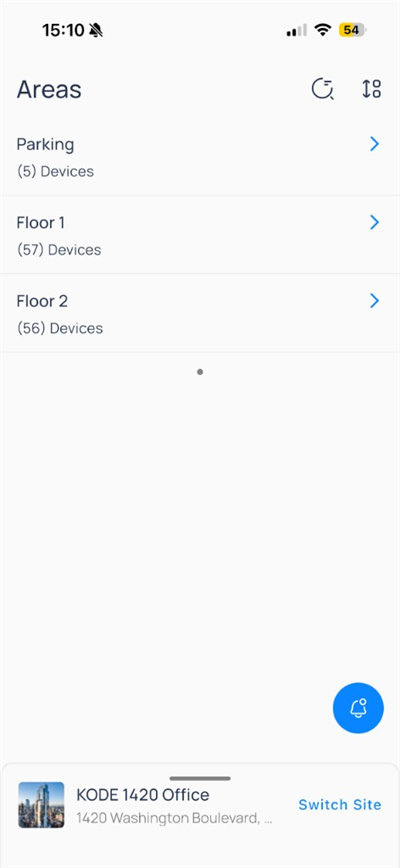 Areas list showing Parking, Floor 1, and Floor 2 with device counts
