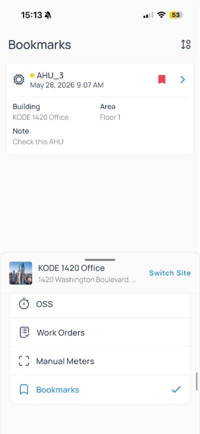 App launcher with Bookmarks checked and site card for KODE 1420 Office