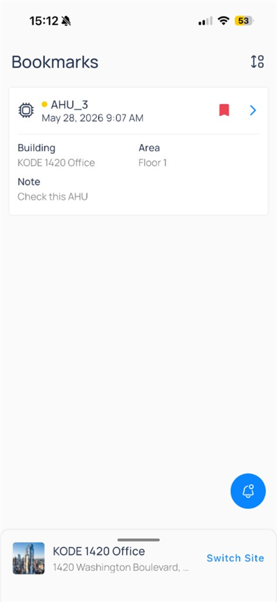 Bookmarks list showing AHU_3 with building Floor 1 and note Check this AHU