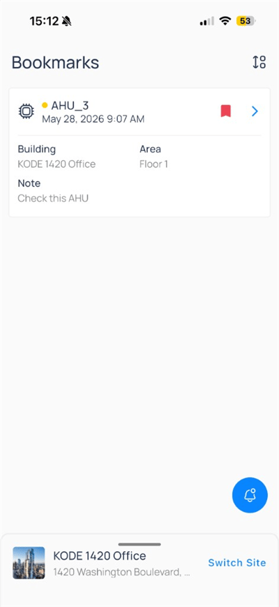 Bookmarks list showing AHU_3 with building Floor 1 and note Check this AHU