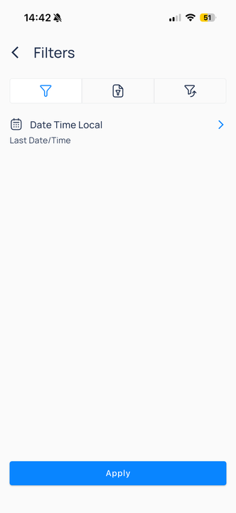 Filters screen with Date Time Local row and Apply button