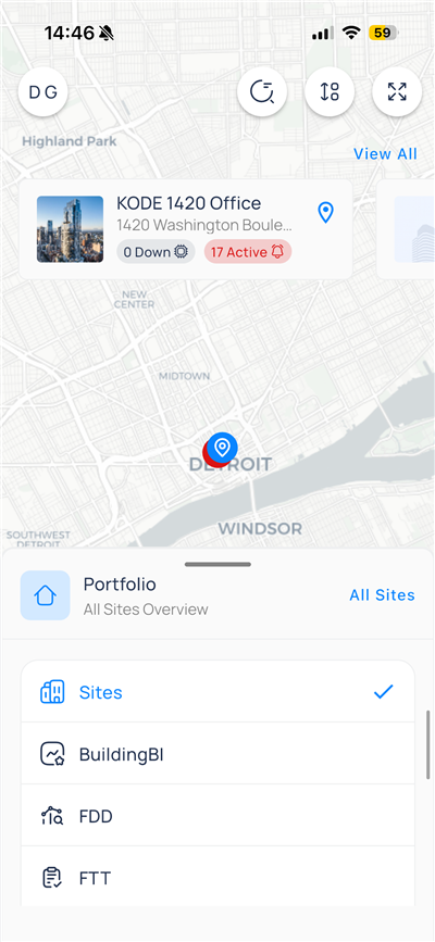 Portfolio sheet with Building BI module listed below Sites