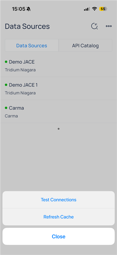 Data Sources action sheet with Test Connections, Refresh Cache, and Close