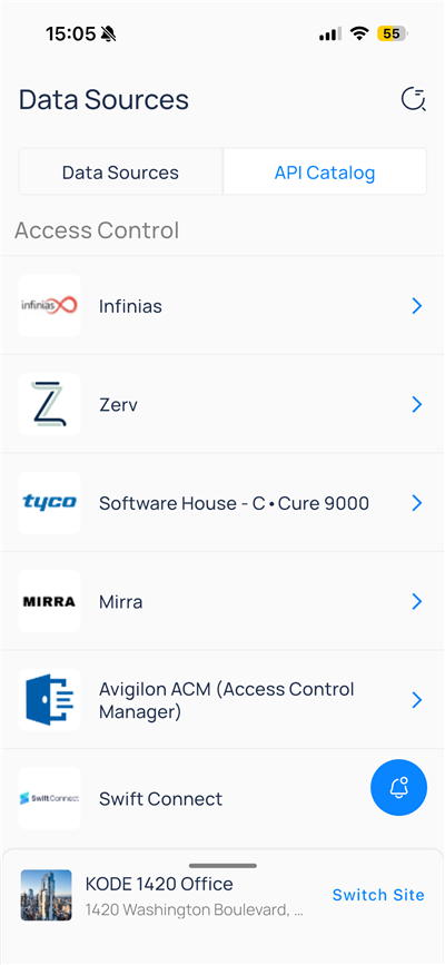API Catalog tab listing Access Control integrations such as Infinias, Zerv, and Avigilon ACM