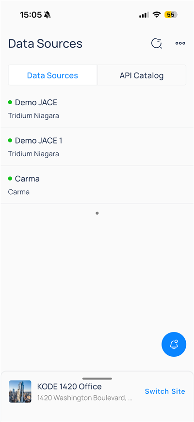 Data Sources list with green online indicators for Demo JACE and Carma connectors