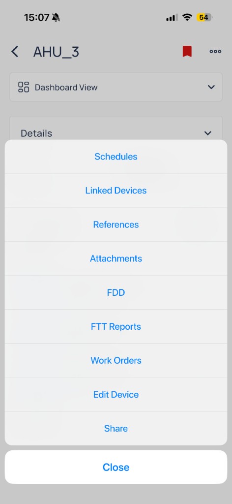 AHU_3 three-dot menu with Schedules, Linked Devices, References, Attachments, FDD, FTT Reports, Work Orders, Edit Device, and Share
