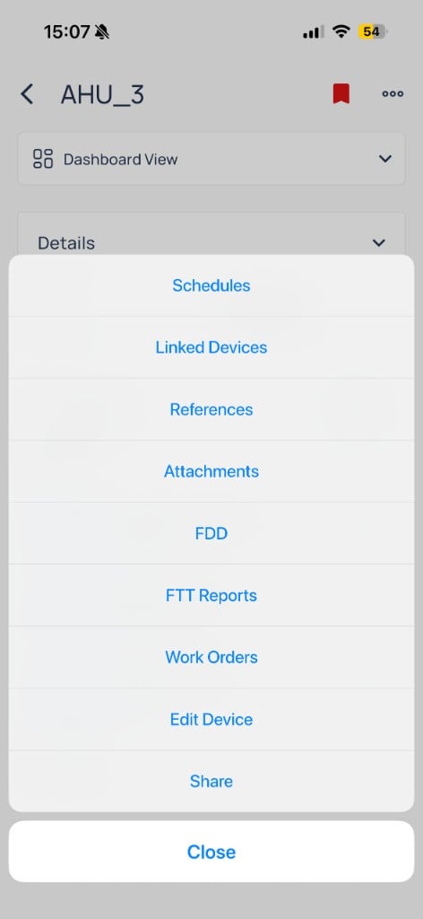AHU_3 three-dot menu with Schedules, Linked Devices, References, Attachments, FDD, FTT Reports, Work Orders, Edit Device, and Share