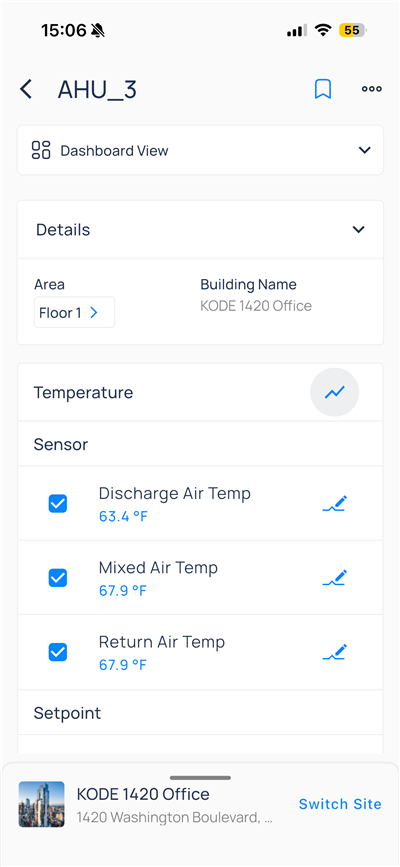 AHU_3 device detail with Details, Temperature sensors, and graph icon