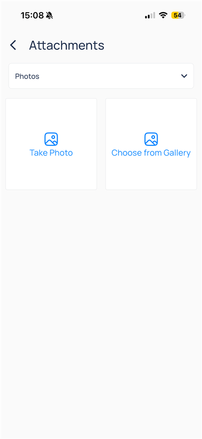Attachments screen with Take Photo and Choose from Gallery