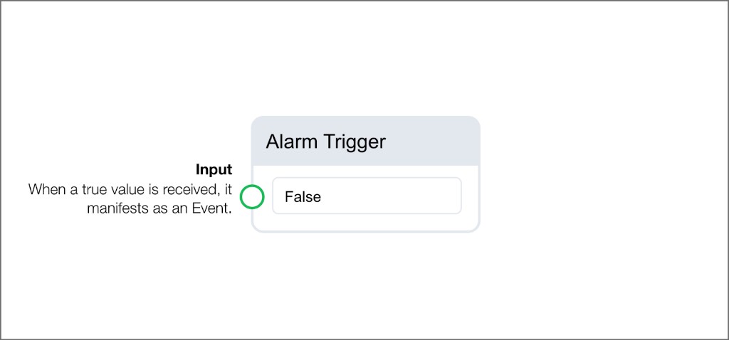 Alarm Trigger block with boolean input that generates an event when it receives a true value