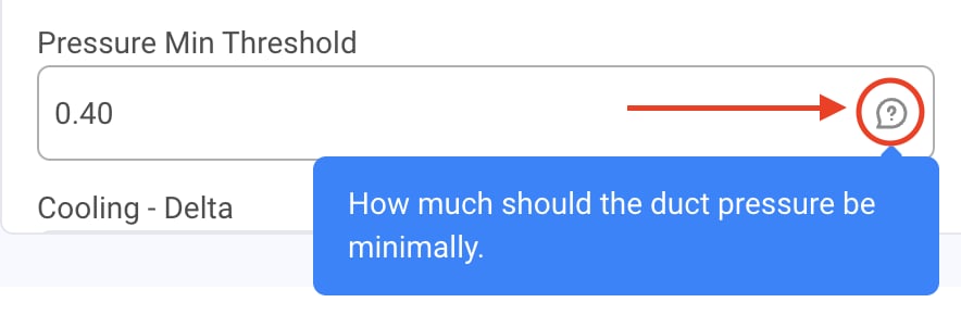 Parameter hint tooltip showing Pressure Min Threshold value 0.40 with info icon expanded to display the hint text: How much should the duct pressure be minimally