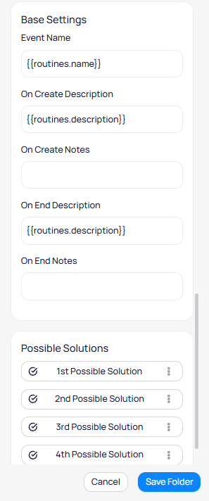 Base Settings panel showing Event Name with routines.name token, On Create Description and On End Description with routines.description token, On Create Notes and On End Notes fields, and Possible Solutions with Add Solution button