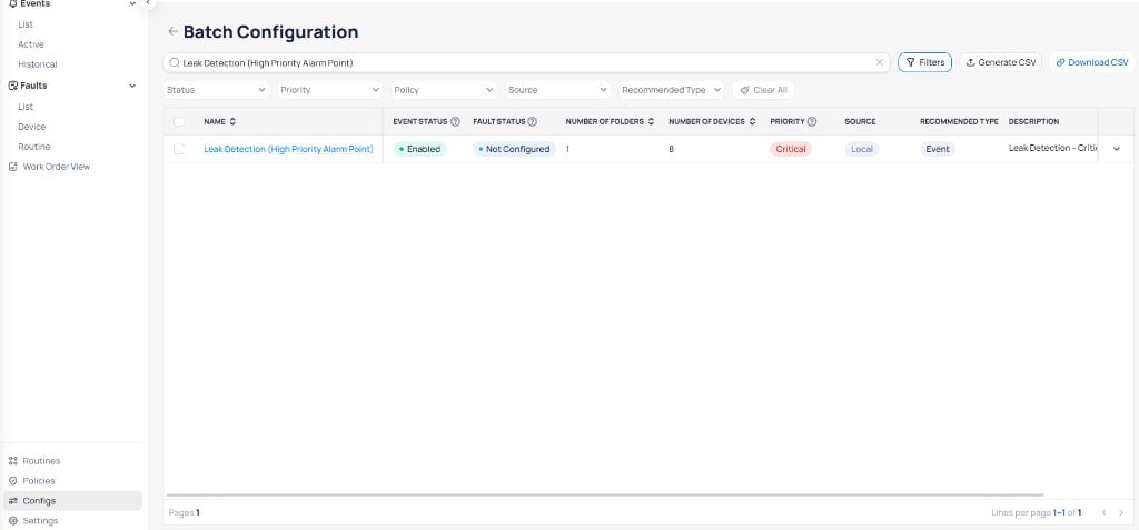 Batch Configuration page showing a Leak Detection routine with Enabled event status, Not Configured fault status, Critical priority, and Local source
