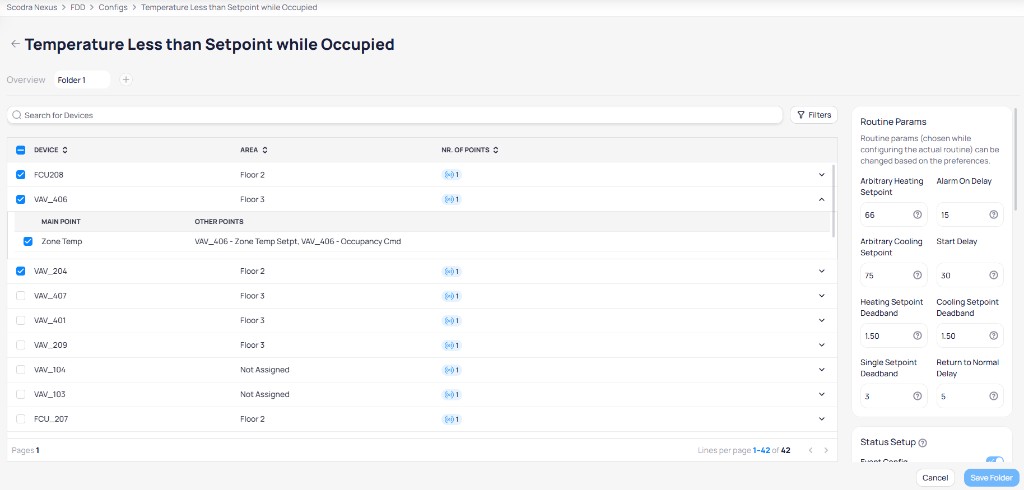 Config Details page for Temperature Less than Setpoint while Occupied showing Overview and Folder 1 tabs, a device table listing FCU208, VAV_406, VAV_204, VAV_407, VAV_401, VAV_209, VAV_104, VAV_103, and FCU_207 with area and point count columns, and Routine Params panel showing parameter values