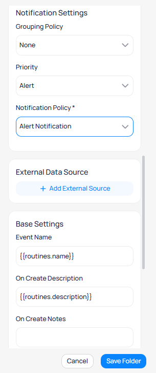 Notification Settings panel showing Grouping Policy set to None, Priority set to Alert, and Notification Policy set to Alert Notification
