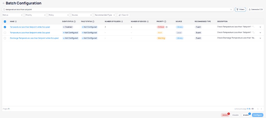 Batch Configuration list showing Temperature Less than Setpoint while Occupied with Disabled status, 2 folders, 4 devices, Critical priority, and Library source