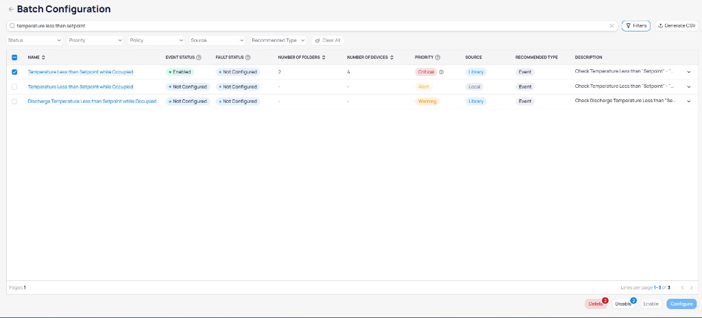 Batch Configuration list with Temperature Less than Setpoint while Occupied now showing Enabled status after selecting Enable from the toolbar