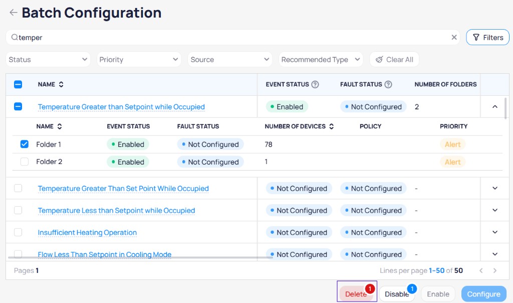 Configs list with an expanded routine showing Folder 1 and Folder 2 with device counts and Alert priority levels