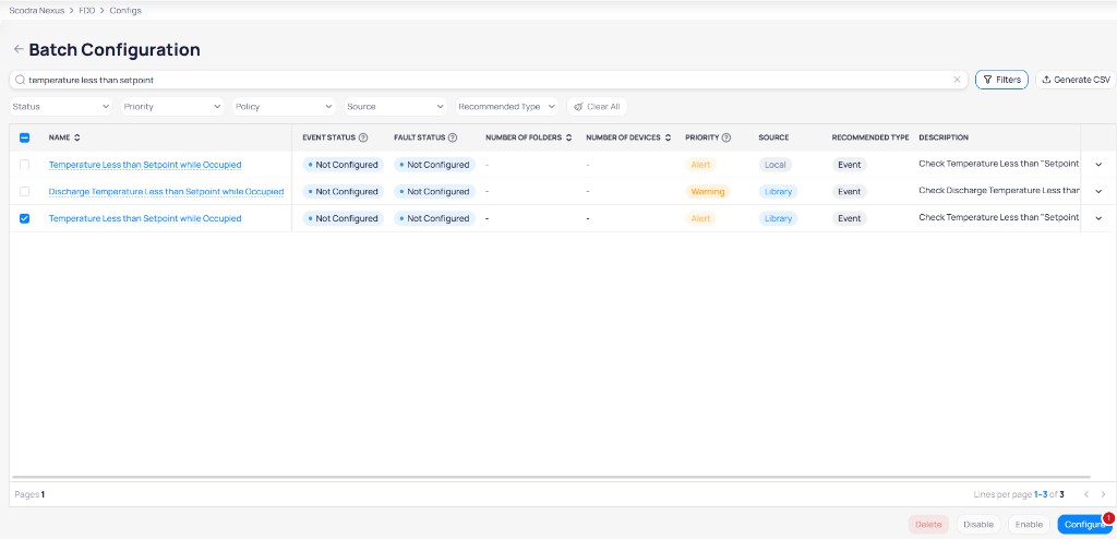 Batch Configuration list with one routine selected and bottom toolbar showing Delete, Disable, Enable, and Configure buttons