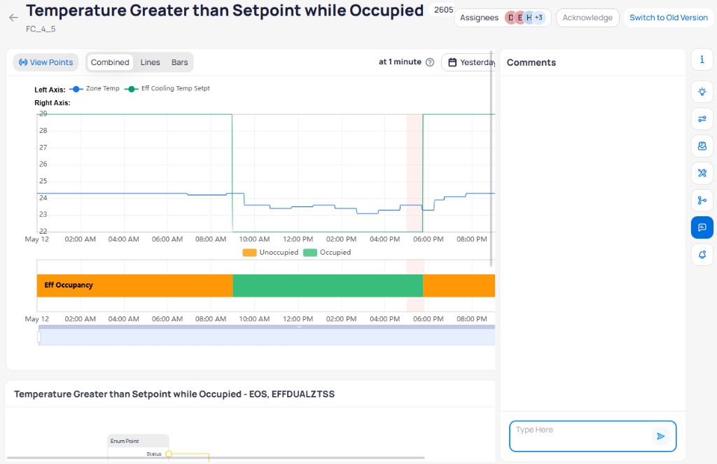 Event report showing the Comments panel with a Type Here text input field and a send button