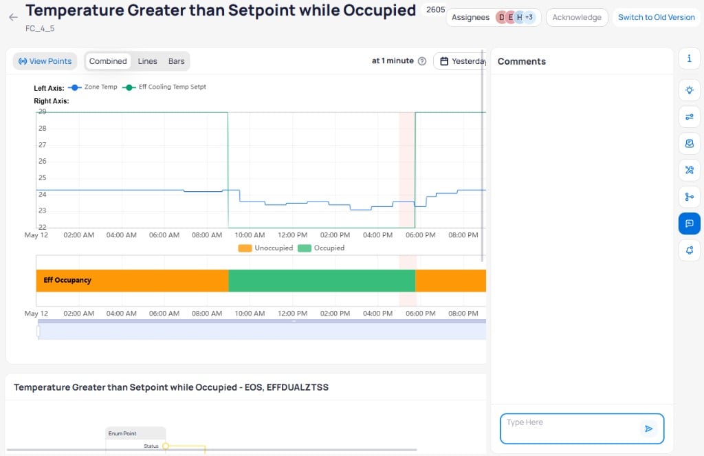 Event report showing the Comments panel with a Type Here text input field and a send button
