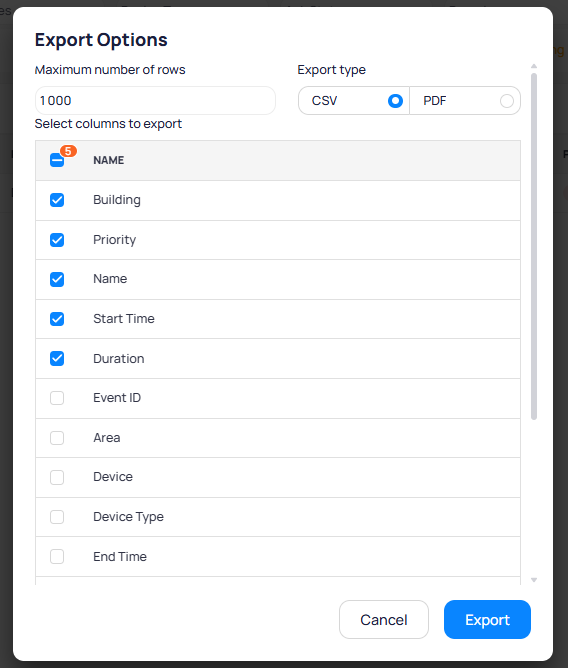 Export Options dialog showing Maximum number of rows set to 1000, Export type with CSV selected and PDF option, and a column selection list with checkboxes for Building, Priority, Name, Start Time, Duration, Event ID, Area, Device, Device Type, and End Time