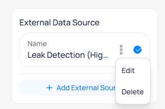 External Data Source panel showing an existing source with a dropdown menu offering Edit and Delete options