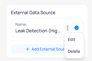 External Data Source panel showing an existing source with a dropdown menu offering Edit and Delete options