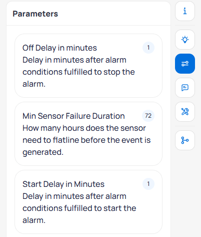 Fault report showing the Parameters panel with cards for Off Delay in minutes (1), Min Sensor Failure Duration (72) showing how many hours the sensor needs to flatline before the event is generated, and Start Delay in Minutes (1)