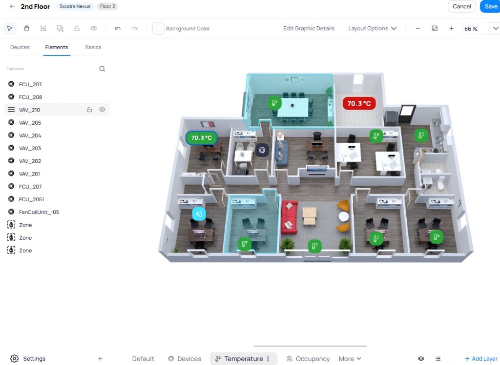 Elements tab showing a list of placed devices and zones with lock and visibility icons next to each item