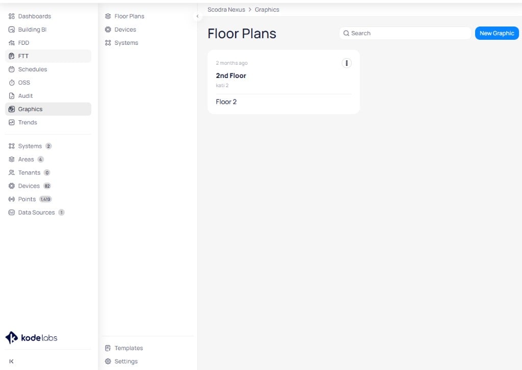 Graphics module showing the Floor Plans tab with a list of existing floor plan graphics and a New Graphic button