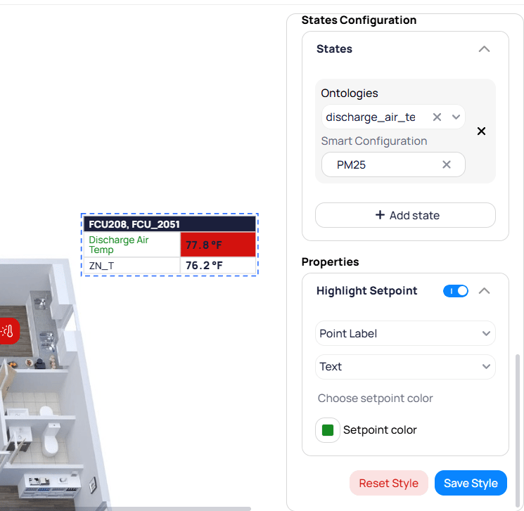 Highlight Setpoint configuration showing States Configuration with ontology and smart configuration selections, and Properties with point label, text format, and setpoint color options