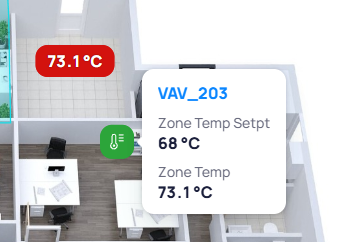 Hover-over marker on a floor plan showing VAV_203 with Zone Temp Setpt and Zone Temp values expanded on hover